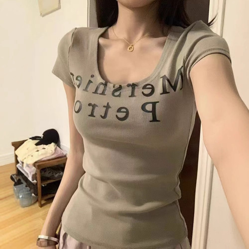 American Retro Hot Girl Letter Print U-Neck Short-Sleeve T-Shirt for Women 2025 Summer New Design Pure Desire Style Top