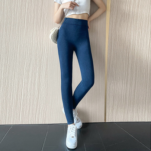 Chic grey faux denim leggings for women, stylish high-waist sandpaper pants, outerwear tight long pants