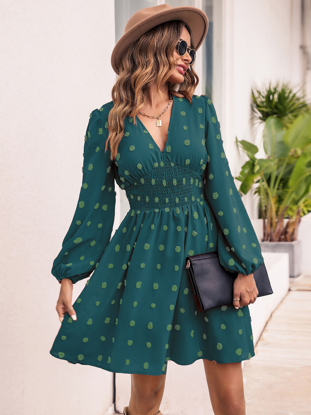 Summer solid color long-sleeved V-neck polka dot jacquard high-waist dress NSNCK118815