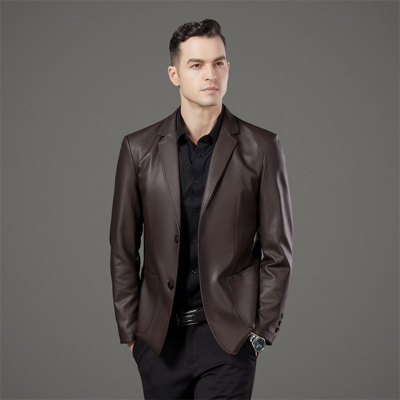 Brand High-End Leather Jacket for Middle-Aged Men, Fashionable Genuine Sheepskin Suit Collar Leather Jacket, Casual Dad Coat
