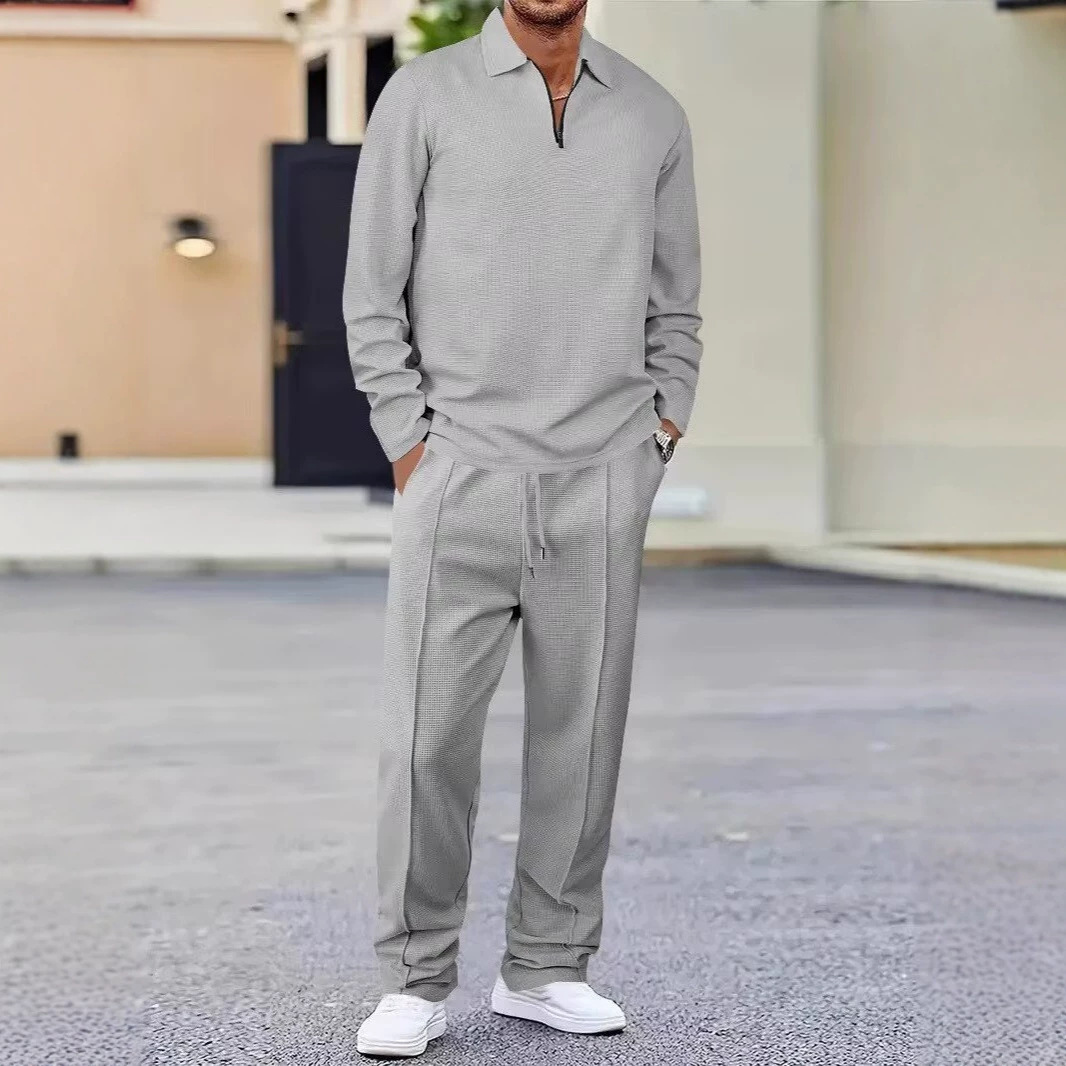 Cross-border Spring and Autumn Men's Waffle Collar Zipper Solid Color Two-Piece Casual Men's Sports Suit