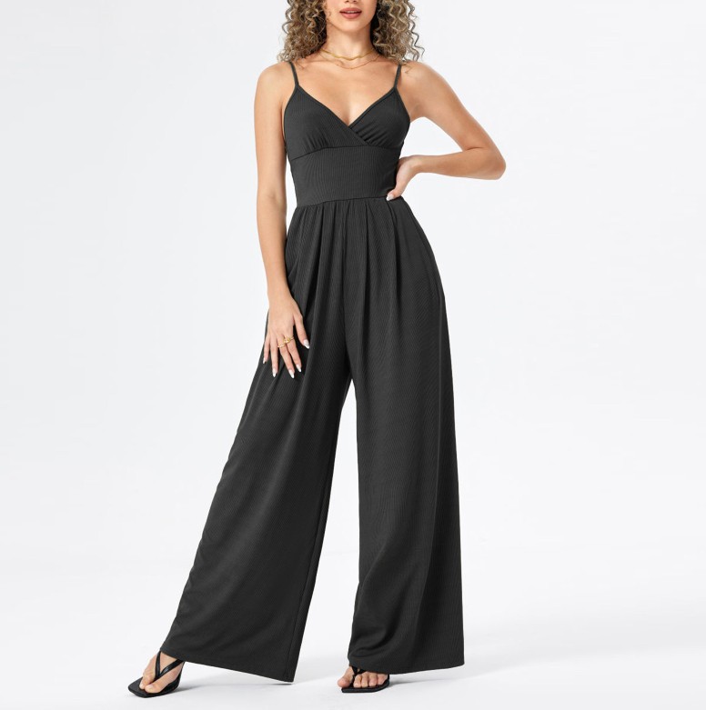 2023 europeo y americano Amazon AliExpress nuevo color sólido con cuello en V sexy Correa recta casual mono de mujer