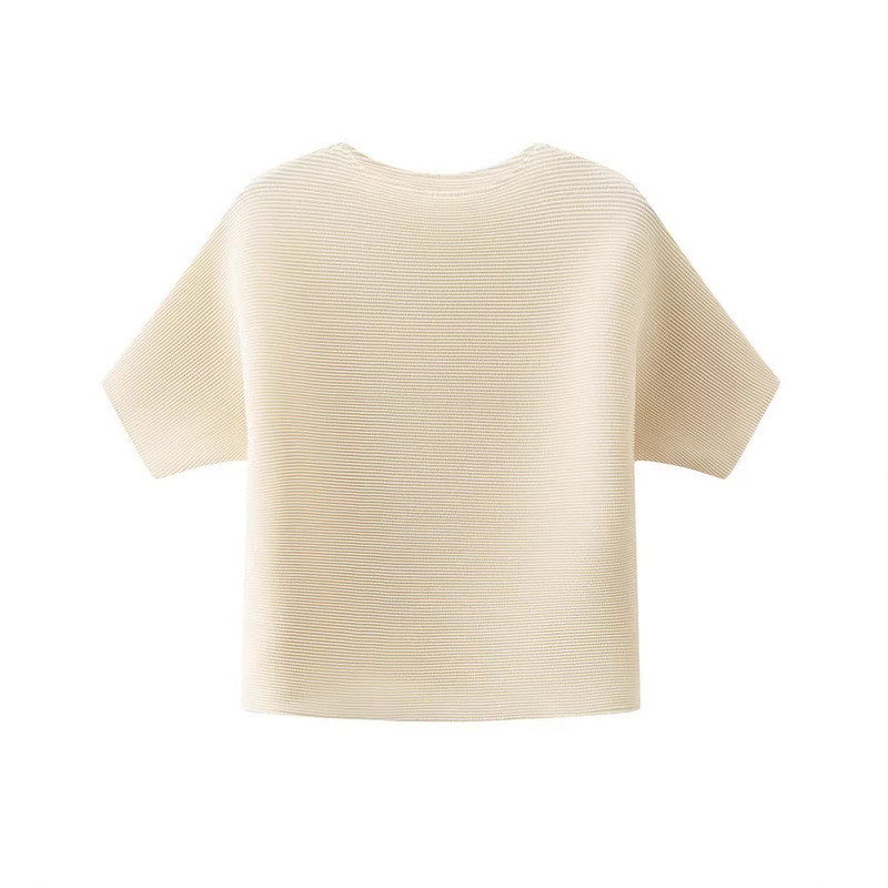 High-End Miyake Round Neck Pure Color Loose Pleated Top Fashionable Work Clothing Versatile Short-Sleeved T-Shirt for Women Summer New Style