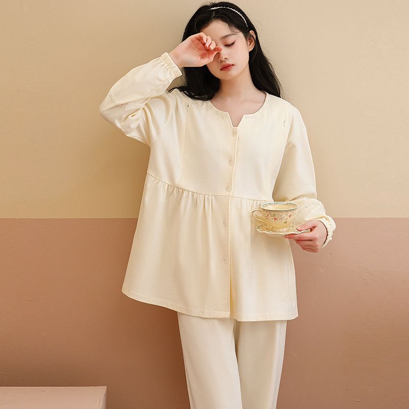 긴 소매 음력 의류 봄과 가을 임산부 잠옷 모유 수유 의류 여름 임신 및 산후 조정 가능한 홈 의류 세트 착용