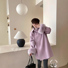 【精灵雪球】新款狐狸毛袖口毛球中长款斗篷韩系双面羊毛大衣外套