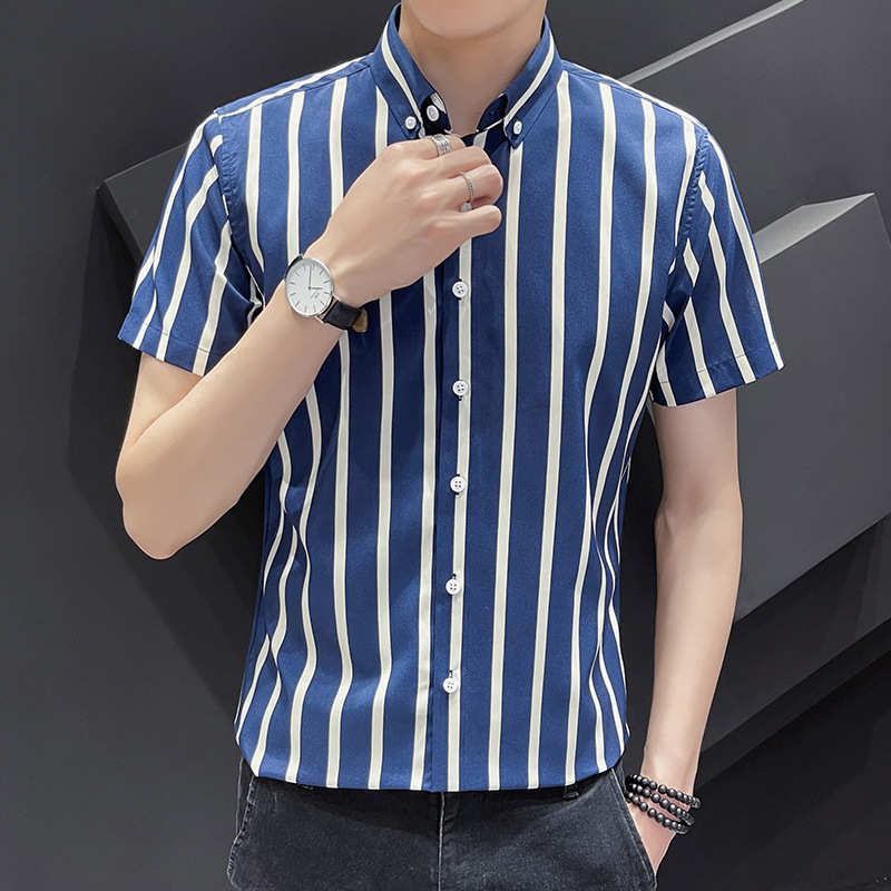 Shirt Men's Short-sleeved Striped Japanese and Korean Fashion Men's Short-sleeved Shirt 2023 Summer New Fashionable Slim-fit Top Men's Shirt Men's Short-sleeved Striped Japanese and Korean Fashion Men's Short-sleeved Shirt 2023 Summer New Fashionable Slim-fit Top Men's