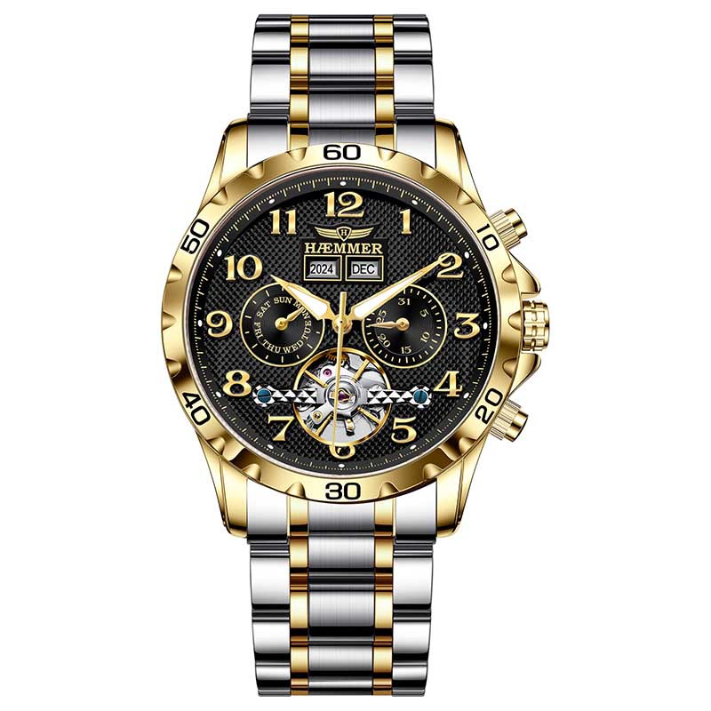 Đồng hồ nam automatic lộ máy dây thép — Dải thép đen, Dải thép trắng