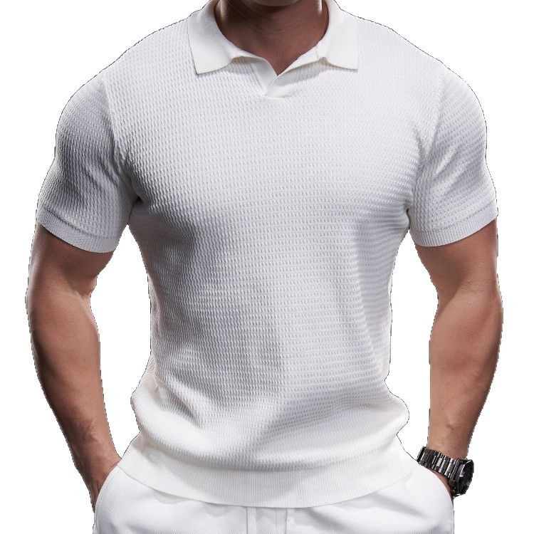 Estilo maduro ligero de negocios verano nuevo estilo casual botón de solapa ins tendencia suéter delgado POLO de manga corta para hombre