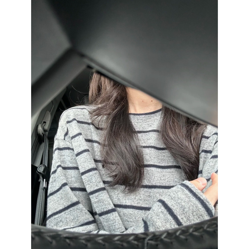 韩系早秋季氛围感撞色条纹针织上衣女宽松慵懒风穿搭长袖打底t恤|undefined