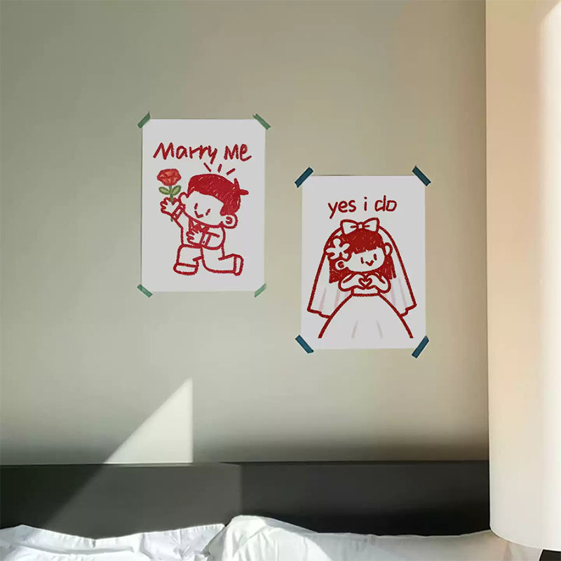Hand-drawn Korean-style cartoon character wedding couple poster decoration photo atmosphere prop oil canvas poster print Hand-drawn Korean-style cartoon character wedding couple poster decoration photo atmosphere prop oil canvas poster print