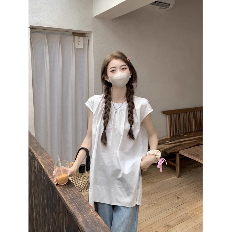 フレンチホワイト Tシャツレディース 2025 夏の新デザインニッチシャツ韓国シックなノースリーブルーズトップ|undefined