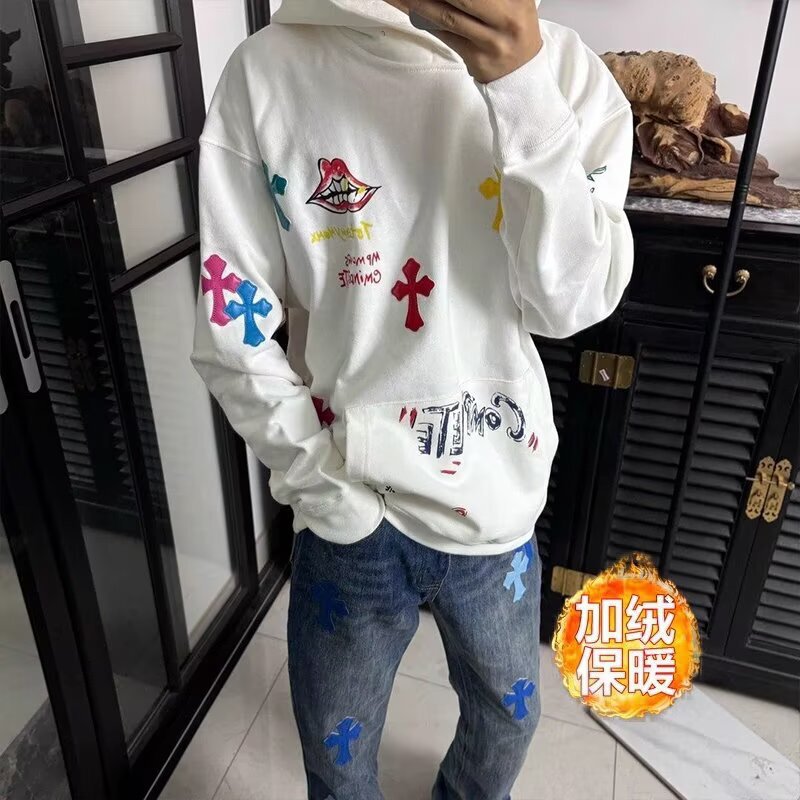 New Fashion Embroidered Cross Letter Graffiti Sweatshirt, Unisex Hoodie, Loose Casual Versatile Top, Trendy