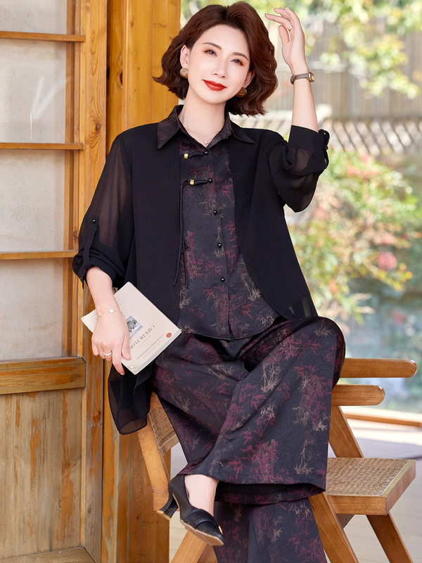 妈妈秋装套装洋气中老年女装春秋国风新中式假两件上衣气质两件套|undefined