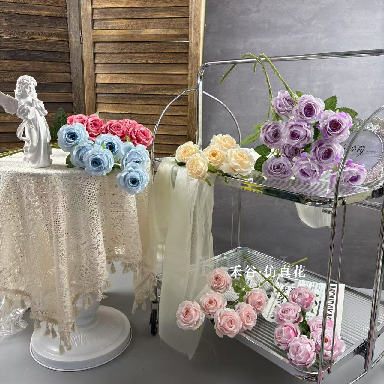 6 Heads of Chinese-Style Artificial Roses for Wedding Arrangements, Crochet Rose Bouquets, Artificial Flowers