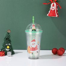 新款圣诞水杯双层塑料卡通圣诞图案吸管杯微景观圣诞礼品批发