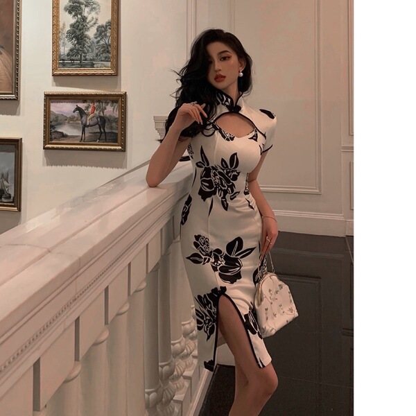 Hollow out mid length improved cheongsam slim fit wrap hip dress