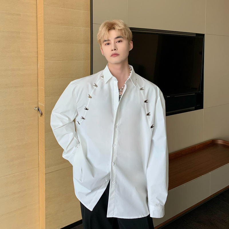 Metal Decoration design sense niche high sense shirt men's loose spring and autumn Korean style casual long sleeve shirt ins Metal Decoration design sense niche high sense shirt men's loose spring and autumn Korean style casual long sleeve shirt ins