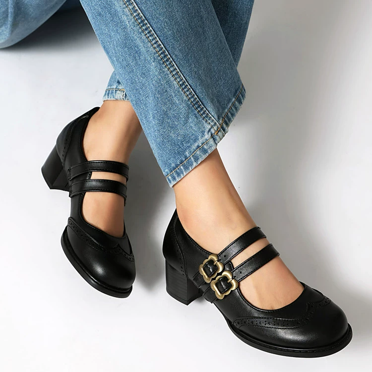 Летние туфли 2025 года в европейском и американском стиле, маленькие круглые, на низком каблуке, с двойными ремешками и высокими каблуками, кожаные туфли Мэри Джейн.