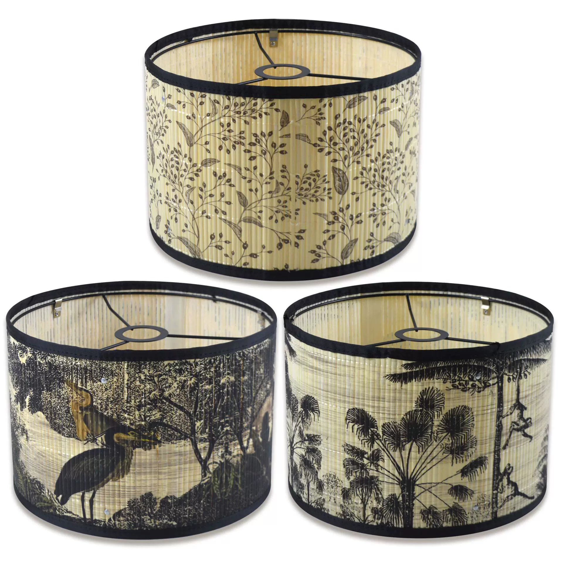 欧美森林彩印图案竹制灯罩可拆卸灯配竹制品吊灯民宿装饰竹艺灯罩