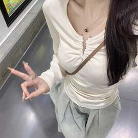 8722# 满天星 已出货 德绒  T恤女韩版新款褶皱设计感修身上衣