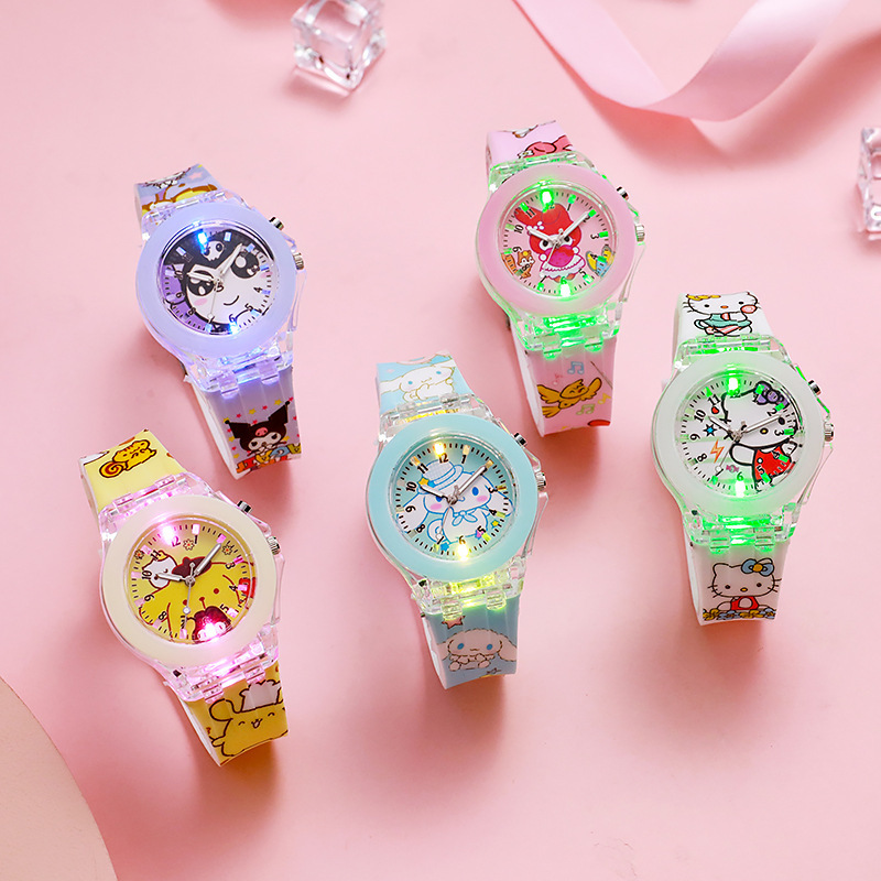 Wholesale color printing primary school children's watch new cartoon colorful flashing light luminous watch doll silicone electronic