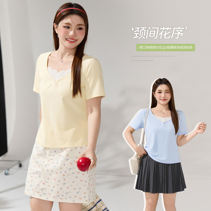 Sweet Color-Blocking Faux Two-Piece Lace Patchwork Shoulder Top Plus-Size Women's Slim-Fit T-Shirt 66180
