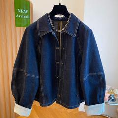 复古深蓝色牛仔外套女春秋季2025新款韩版宽松休闲袖口拼接上衣