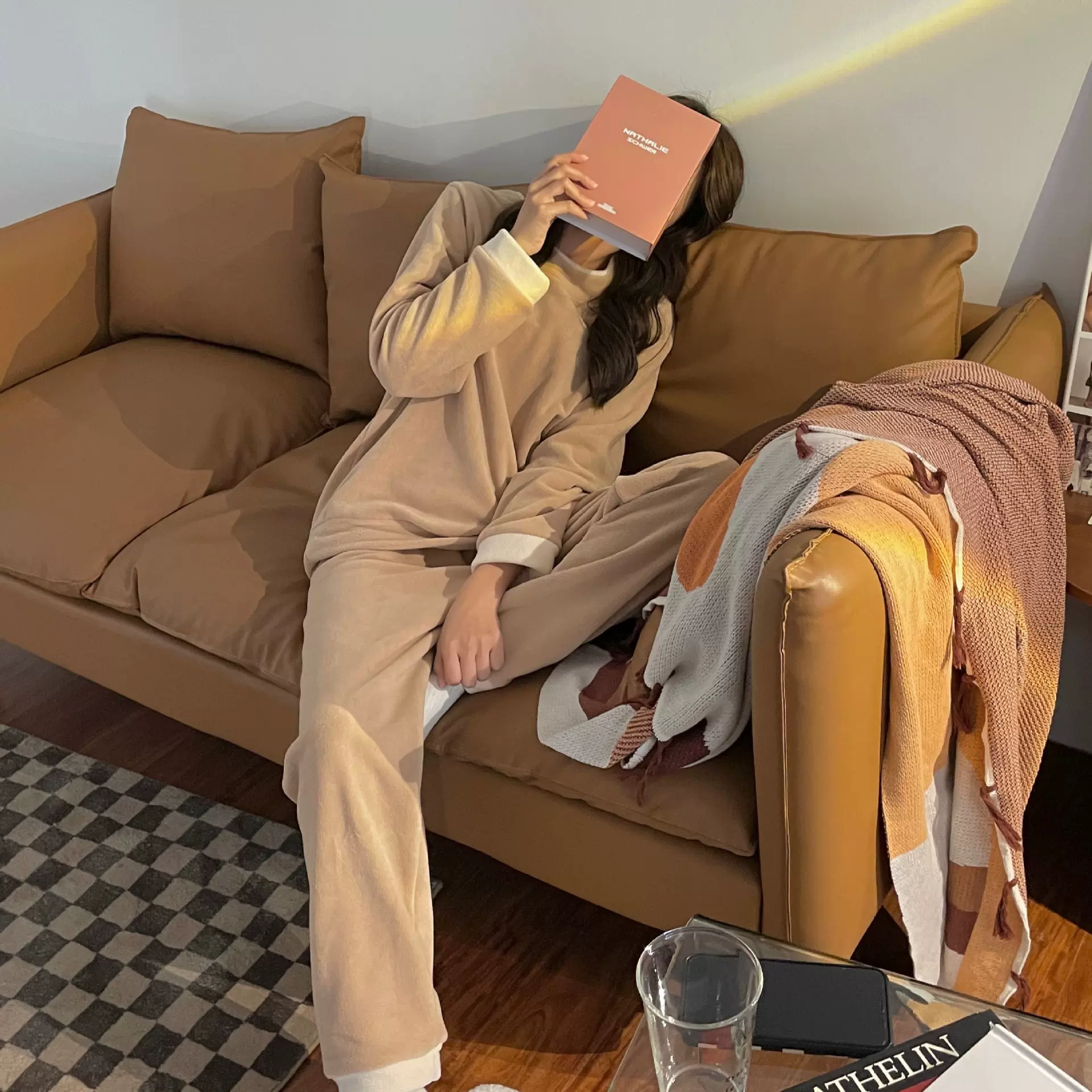 800g家居服女套头慵懒风圆领保暖套装长袖长裤拼色加绒加厚睡衣女