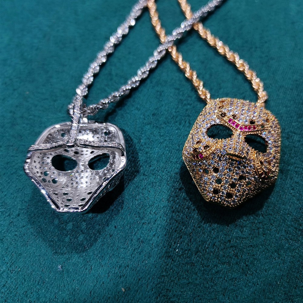 Copper inlaid zirconium masquerade dance mask pendant, luxurious and versatile hip-hop personality pendant necklace for_voghion.com