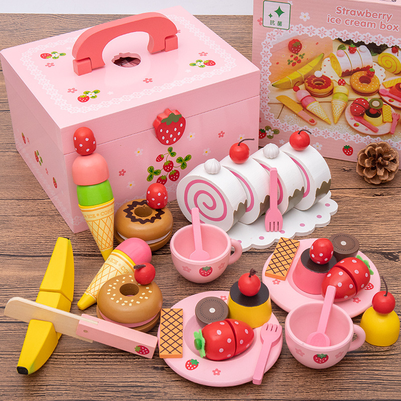 Nuevos niños jugar casa portátil caramelo postre pastel de madera en caja simulación helado corte Rosa cocina Juguetes