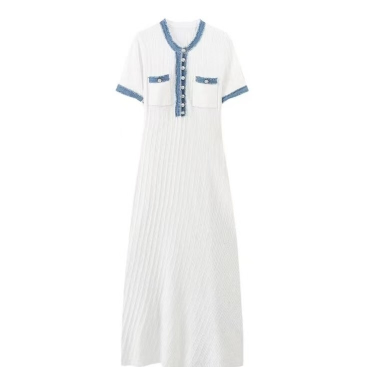 Cross-Border Popular African Denim Splicing French Robe Spring and Summer New Fake Two-Piece Slim Knitted Dress