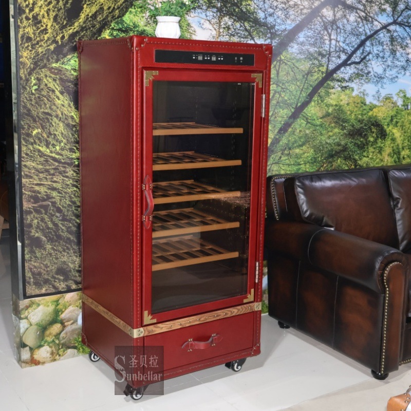 Customized First-Layer Cowhide Full Genuine Leather Constant Temperature Wine Cabinet Home Wine Cellar Display Cabinet Retro Ice Bar Cigar Cabinet