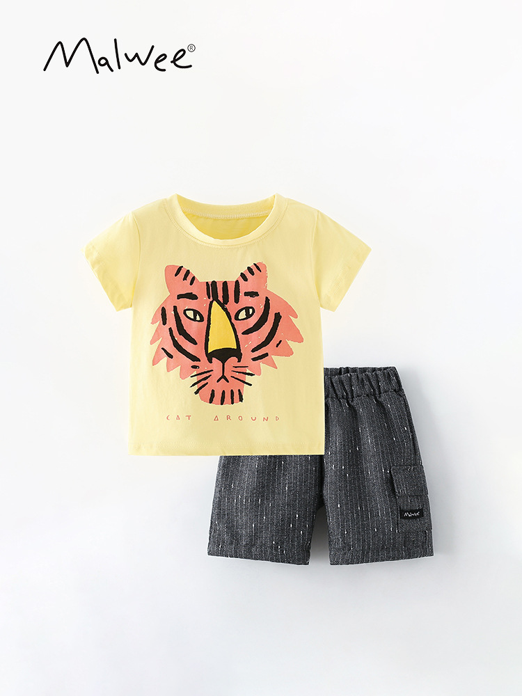 Malwee niño de dos piezas set de verano nuevo estilo de ropa infantil europea y americana hermosa impresión de niños pequeños y medianos set de niños de cuello redondo