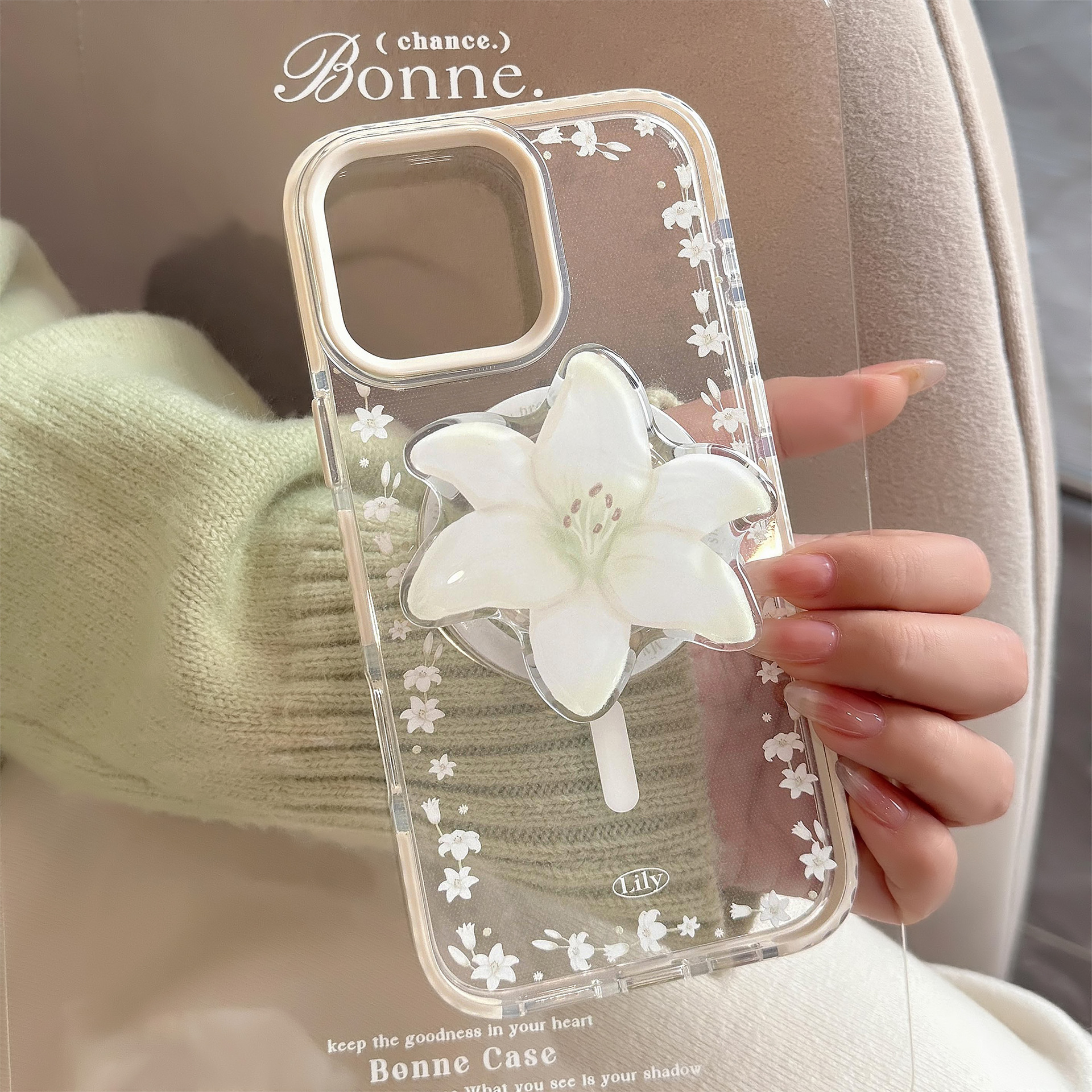 Ins Lilium succión soporte 16pro max transparente iPhone17 caso de teléfono móvil aplicable 13 anti-caída fresco 14