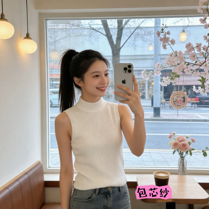 Pink Sleeveless Sweater Vest for Women, Thin Stand-Up Collar, Cropped Half-High Collar Knit Top, Slim Fit, Short Style, Spring