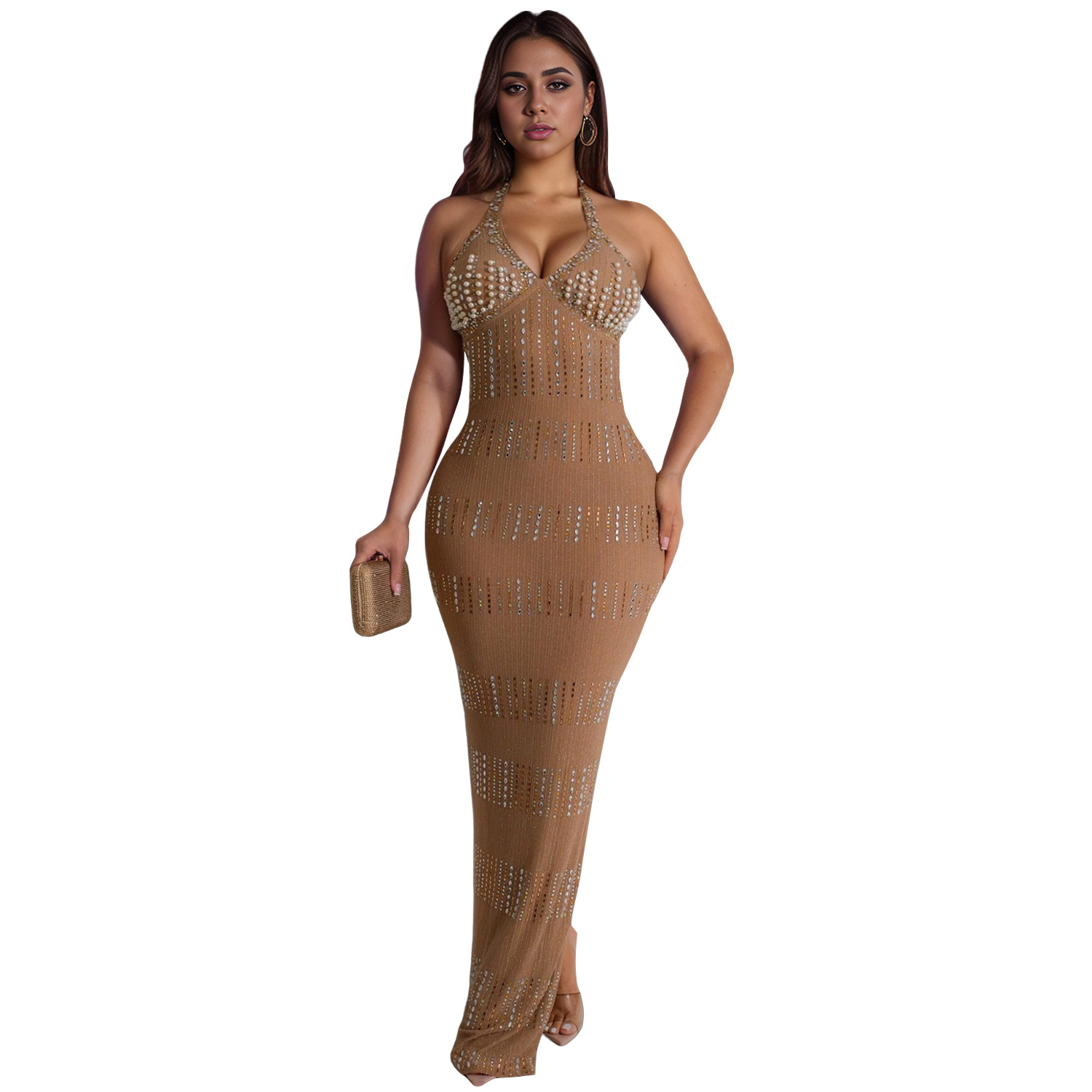 C7075 Aliexpress transfronterizo Amazon estación independiente de moda europea y americana ropa de mujer de encaje caliente profundo vestido sin mangas en V image 8