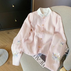 新しい中国風のピンクの刺繍入りスタンドカラー長袖シャツ、女性用、2025年春秋、国民風、優しく甘い気質、軽くて薄いトップス