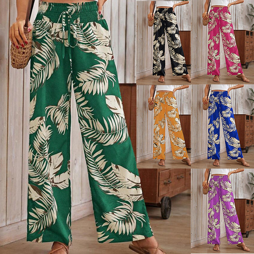 Women's Summer Casual Loosely Tied Rope High-Waist Digital Print Pants