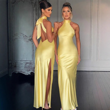 跨境女装欧美亚马逊新款修身开叉缎面露背礼服气质高级感连衣裙