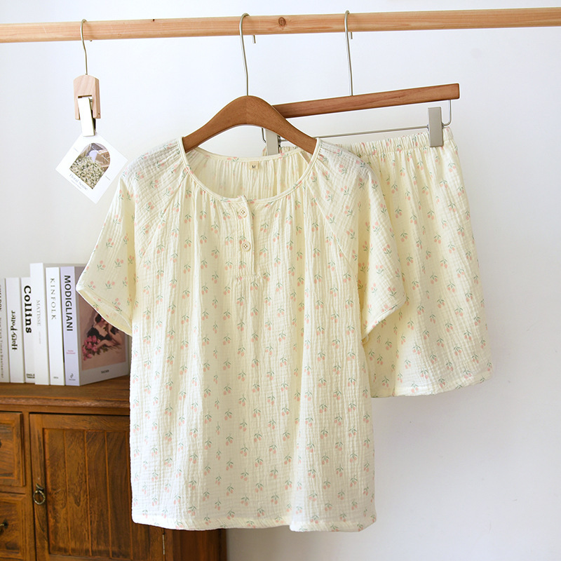Round Neck Pullover Short Sleeve Shorts Pajamas Women's Summer Thin Double Washed Crepe Outwear Two-piece Set