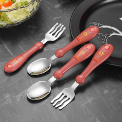 304 stainless steel children's portable tableware, baby feeding training spoon fork cartoon spoon and fork