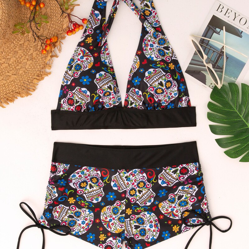European and American Summer New Bikini Skull Print Hanging Neck suit Two-piece Swimsuit Women's swimsuit