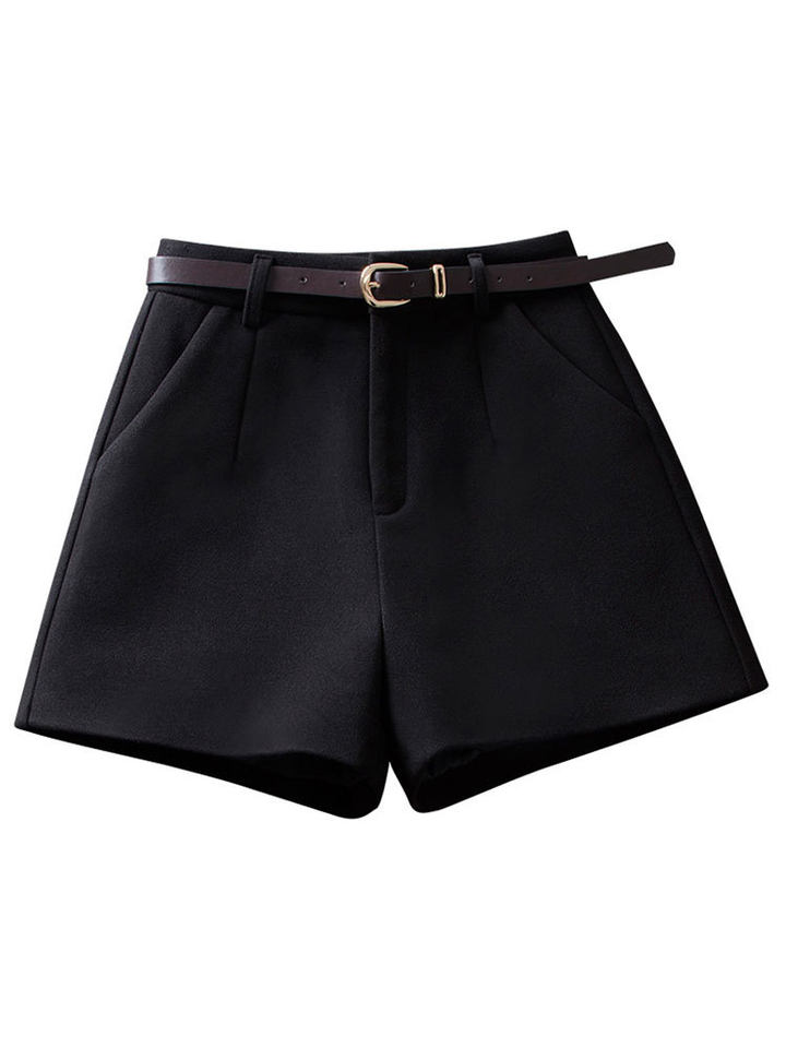 Quần short nữ len dạ cạp cao dáng suông tôn dáng mặc ngoài — đen