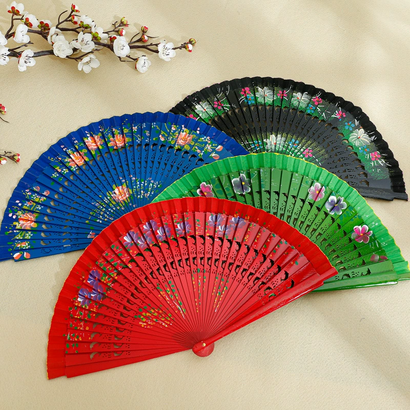 Double-sided painted wooden foldable round fan, classic cheongsam, Spain