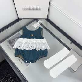ins夏季童装拼接款牛仔布蕾丝婴幼儿童女宝宝甜美无袖哈衣爬爬服