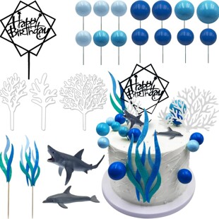22 Pieces of Underwater World Cake Decoration Shark Dolphin Statue Decoration Seaweed Plug-In Acrylic Birthday Card