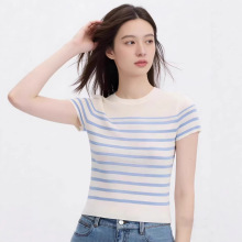 朗*女装商场同款2026夏季新品通勤风修身百搭法式条纹撞色针织衫
