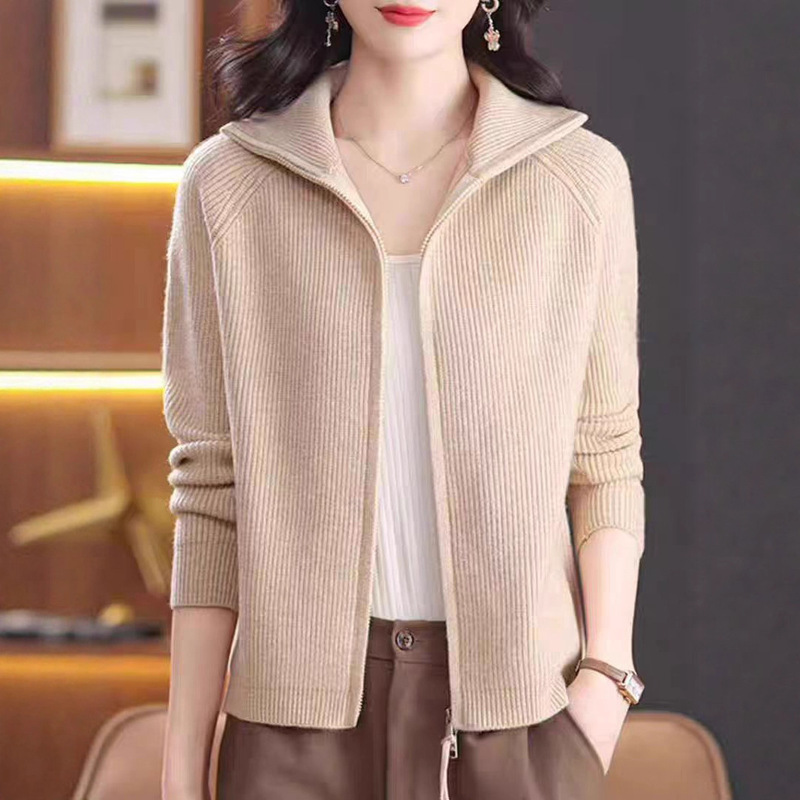 Cashmere Sweater Jacket for Women Retro Lapel Autumn and Winter New Knitted Cardigan Loose Zipper Outer Casual Top for Women
