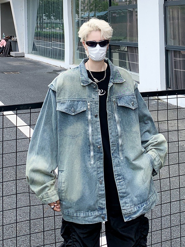 美式水洗牛仔垫肩夹克男女春秋季重工设计感小众情侣款感外套