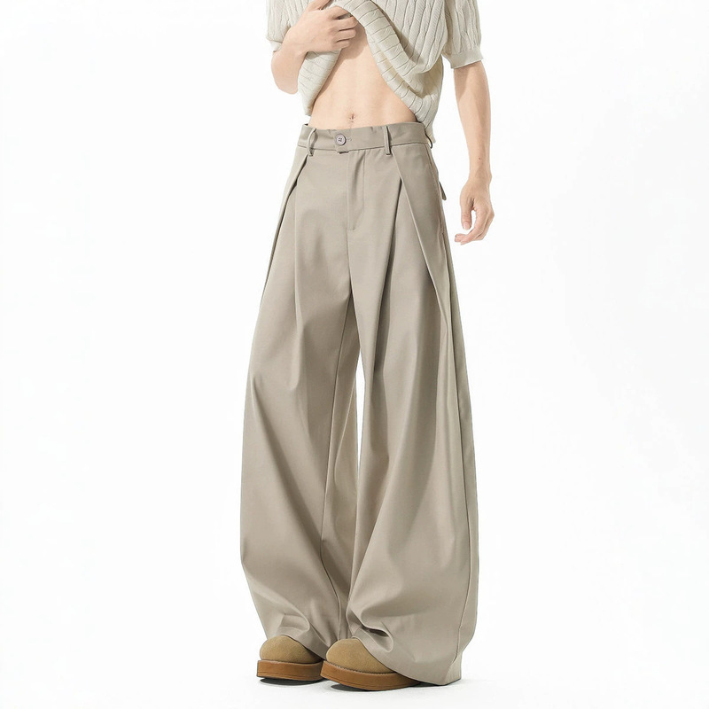 Drapey, high-end men's summer thin trousers, American retro vintage double-A pleated loose wide-leg casual pants